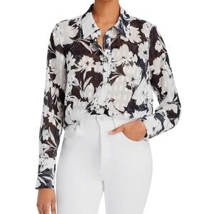 Milly Top Womens Large Black White Floral Burnout Sheer Button Down Blouse